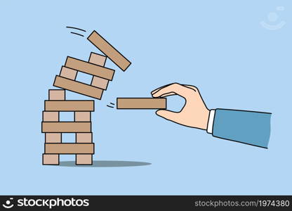 Man take wooden brick play wooden block jenga game. Businessman risk engaged in business startup or project. Male employee involved in playful activity. Mind brain train. Flat vector illustration. . Man take wooden brick play wooden game