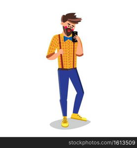 Man Takes Selfie On Mobile Phone Camera Vector. Bearded Hipster Boy Make Selfie Photography On Smartphone Gadget. Character Guy With Digital Device Taking Photo Flat Cartoon Illustration. Man Takes Selfie On Mobile Phone Camera Vector