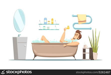 Man Taking Bath In Bathroom. Retro cartoon composition in hygiene theme with man taking bath in bathroom flat vector illustration