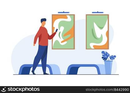 Man taking photo of paintings in modern art gallery. Flat vector illustration. Entertainment and leisure concept can be used for presentations, banner, website design, landing web page