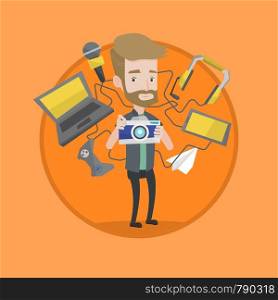 Man taking photo with digital camera. Man surrounded with gadgets. Man using many electronic gadgets. Guy addicted to gadgets. Vector flat design illustration in the circle isolated on background.. Young man surrounded with his gadgets.