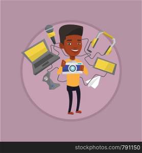Man taking photo with digital camera. Man surrounded with gadgets. Man using many electronic gadgets. Man addicted to gadgets. Vector flat design illustration in the circle isolated on background.. Young man surrounded with his gadgets.