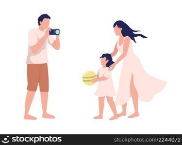 Man taking picture of daughter and wife semi flat color vector characters. Full body people on white. Happy family simple cartoon style illustration for web graphic design and animation. Man taking picture of daughter and wife semi flat color vector characters