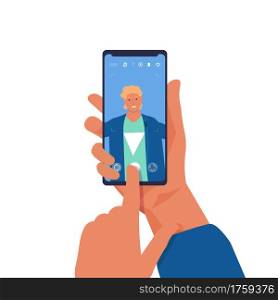 Man taking selfie on phone. Cartoon smiling character shooting photos of himself on smartphone. Happy young male holding mobile and touching button on device screen. Vector person making snapshot. Man taking selfie on phone. Cartoon character shooting photos of himself on smartphone. Young male holding mobile and touching button on device screen. Vector person making snapshot