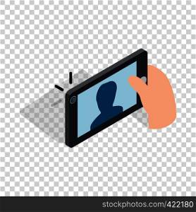 Man taking selfie photo on smartphone isometric icon 3d on a transparent background vector illustration. Man taking selfie photo on smartphone isometric
