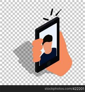 Man taking selfie photo on smartphone isometric icon 3d on a transparent background vector illustration. Man taking selfie photo on smartphone isometric