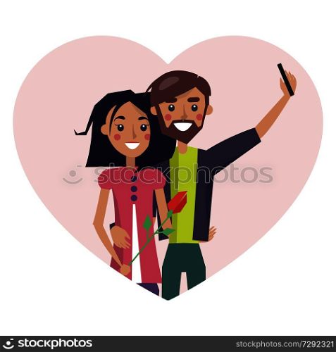 Man taking selfie while girlfriend holding flower gifted by boyfriend, love poster and heart frame, leisure of couple, isolated on vector illustration. Man Taking Selfie Love Poster Vector Illustration
