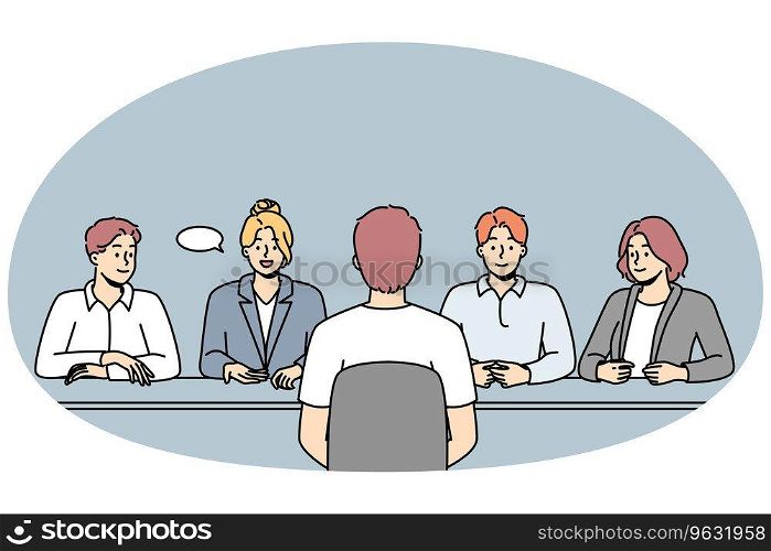 Man talk with recruitment team at interview in office. Male job candidate or applicant at employment talk. Hiring and HR. vector illustration.. Male candidate at interview in office