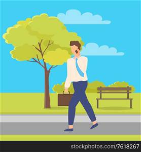 Man talking on the phone, worker character wearing suit, going on road in park, portrait view of employee with handbag, person communication outdoor vector. Worker Character Going on Road in Park Vector