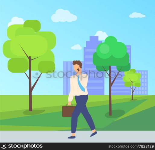 Man talking on the phone, worker character wearing suit, going on road in park, portrait view of employee with handbag, person communication outdoor vector. Flat cartoon. Worker Character Going on Road in Park Vector