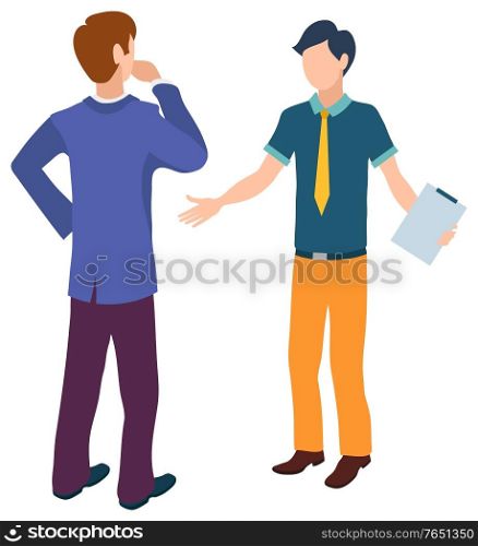 Man talking to assistant vector, boss and helper solving problems at work flat style characters working together. Leader with novice holding document. Boss and Assistant Doubts of Businessman Worker