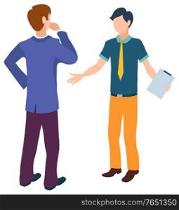 Man talking to assistant vector, boss and helper solving problems at work flat style characters working together. Leader with novice holding document. Boss and Assistant Doubts of Businessman Worker