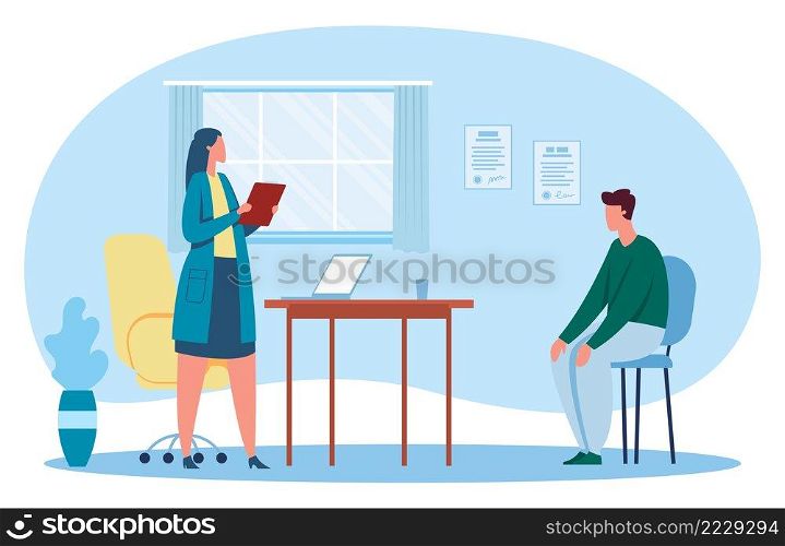 Man talking to psychologist. Male character in depression having psychological therapy or help. Person having appointment with therapist. Female specialist supporting patient vector. Man talking to psychologist. Male character in depression having psychological therapy or help. Person having appointment