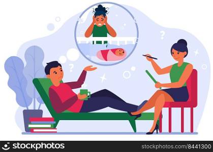 Man talking to psychotherapist about post natal depression of wife. Man in psychiatrist office flat vector illustration. Post natal depression concept for banner, website design or landing web page
