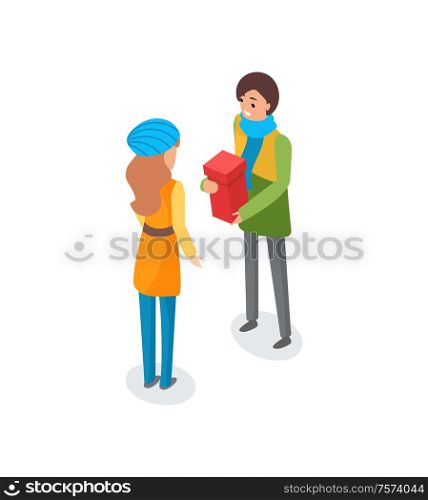 Man talking to woman and holding present in box vector. Person preparing for Christmas holidays, winter events, gifts exchanging, surprise container. Man Talking to Woman and Holding Present in Box
