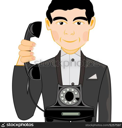 Man talks on telephone. Young man in suit talks on stationary telephone