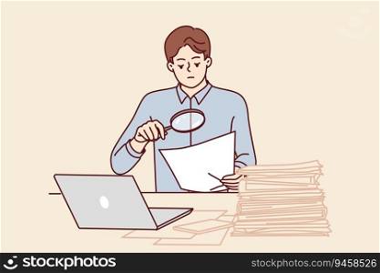 Man tax inspector is sitting in office doing paperwork using magnifying glass to check contract. Financial auditor guy does paperwork, controlling legal purity of transaction and correctness reports. Man tax inspector is sitting in office doing paperwork using magnifying glass to check contract