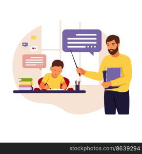 Man teacher teaches the boy at home or school. Conceptual illustration for school, education and homeschooling. Flat style vector illustration.