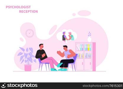 Man telling male psychologist about his problems flat vector illustration