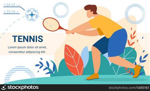 Man Tennis Player Holding Racket Wait Ball from Opponent Side. Sportsman Training, Preparing for Competition Summer Sports Activity Flyer, Poster Cartoon Flat Vector Illustration, Horizontal Banner. Sportsman Tennis Player Holding Racket Wait Ball