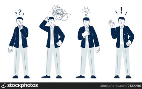 Man thinking character. Student confused, finding solution process. Satisfied think male, thoughtful person doubt. Find decision recent vector concept. Illustration of students with question. Man thinking character. Student confused, finding solution process. Satisfied think male, thoughtful person doubt. Find decision recent vector concept