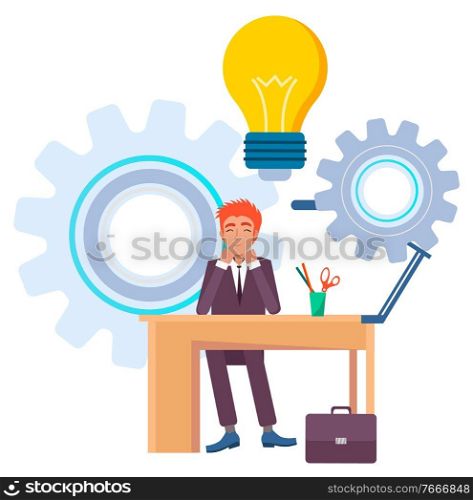 Man thinking on business problem vector, electric bulb idea. Cogwheel process of creation of new concept Employee freelancer by table happy character. Man Working in Office, New Idea Solution Finding