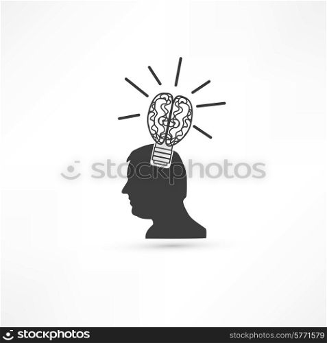 Man thinks about lightbulb. Businessman concept icon