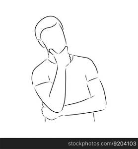 Man thinks, vector. Hand drawn sketch. A man props his chin with his hand and thinks, dreams.