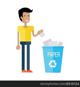 Man Throw the Paper into Blue Recycle Garbage Bin. Man throw the paper into blue recycle garbage bin with paper. Reuse or reduce symbol. Plastic recycle trash can. Trash can icon in flat. Waste recycling. Environmental protection. Vector illustration.