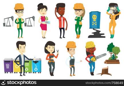 Man throwing away garbage. Man standing near bins and throwing away garbage in an appropriate bin. Concept of garbage separation. Set of vector flat design illustrations isolated on white background.. Vector set of characters on ecology issues.