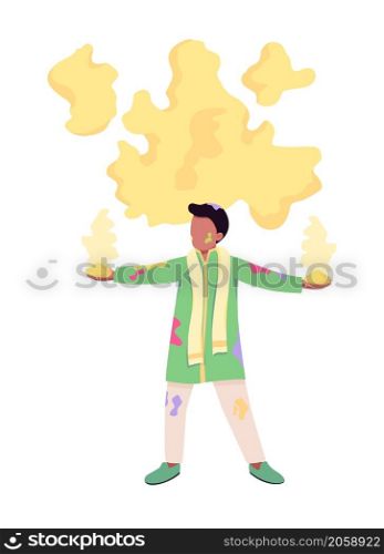 Man throws yellow paint semi flat color vector character. Dynamic figure. Full body person on white. Tradition on Holi isolated modern cartoon style illustration for graphic design and animation. Man throws yellow paint semi flat color vector character