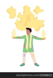 Man throws yellow paint semi flat color vector character. Dynamic figure. Full body person on white. Tradition on Holi isolated modern cartoon style illustration for graphic design and animation. Man throws yellow paint semi flat color vector character