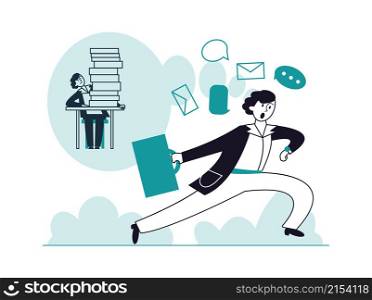 Man too late to work. Unsuccessful time management, tired and scared employee. Office worker look at watch and running vector concept. Illustration of man late at work, businessman or worker. Man too late to work. Unsuccessful time management, tired and scared employee. Office worker look at watch and running vector concept