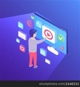 Man touching big screen isometric vector illustration. Virtual interface. Technology, cyberspace and innovation concept. Infographic with purple background.