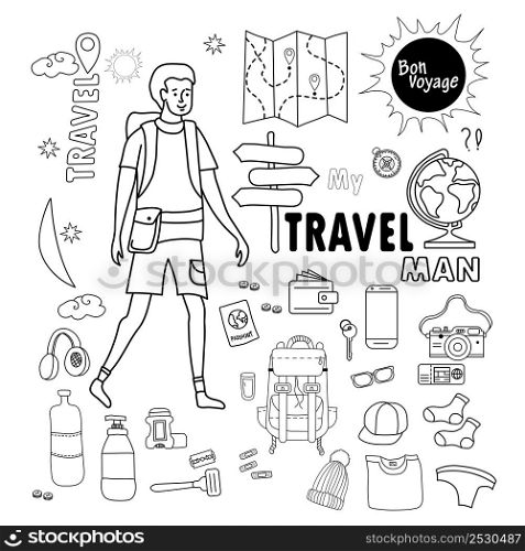 man tourist. Doodle travel stuff for men. Set of images Travel and vacation - luggage, things, clothes and shoes, hygiene items and documents. All elements are line and isolated.