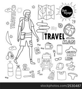 man tourist. Doodle travel stuff for men. Set of images Travel and vacation - luggage, things, clothes and shoes, hygiene items and documents. All elements are line and isolated.