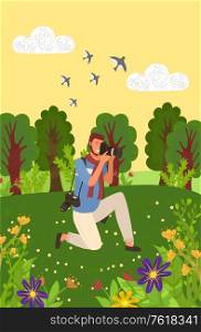 Man tourist or paparazzi making professional shoots on photocamera. Vector correspondent with camera, tourist spend time outdoors, forest, flowers and birds. Man Tourist Paparazzi Making Professional Shoots
