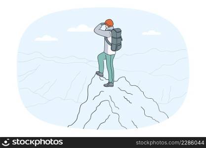 Man tourist or traveler in outerwear on top on mountain look in distance. Male hiker or backpacker enjoy winter traveling in mount area. Active tourism concept. Vector illustration. . Man tourist on mountain peak look in distance