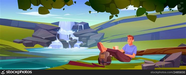 Man tourist relax at nature landscape with waterfall. Cartoon male character resting on mat with cup of coffee in hands and legs lying on backpack listening music via headphones, Vector illustration. Tourist relax at nature landscape with waterfall