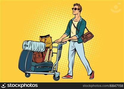 man tourist with Luggage cart. man tourist with Luggage cart. Pop art retro vector illustration. man tourist with Luggage cart