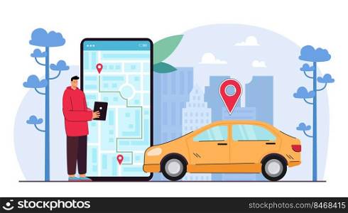 Man tracking taxi driver cab on tablet map. Guy using device for car location with GPS system app. Male checking navigation on smartphone booking taxi. Cartography display. Flat vector illustration.