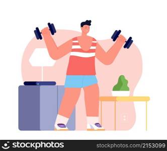 Man training at home. Adult exercising, activities healthy lifestyle. Sport time of flat fun guy, indoor fitness workout vector concept. Illustration training workout at home, sport guy quarantine. Man training at home. Adult exercising, activities healthy lifestyle. Sport time of flat fun guy, indoor fitness workout utter vector concept
