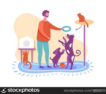 Man training home animals, play with dog. Vector training pet at home, characters friendship, puppy dog and cat, man playing illustration. Man training home animals, play with dog