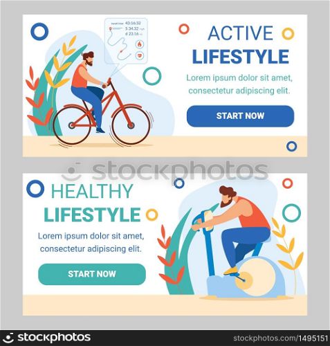 Man Training in Gym on Exercise Bicycle and Riding Real Bike Outdoors. Sports Healthy Active Lifestyle Workout, Cardio Exercising Biking Sport Cartoon Flat Vector Illustration, Horizontal Banners Set. Man Training in Gym Exercise Bike. Cycling Sports