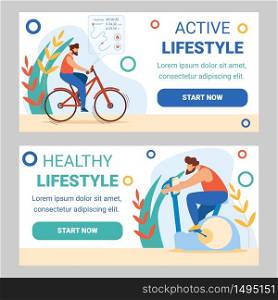 Man Training in Gym on Exercise Bicycle and Riding Real Bike Outdoors. Sports Healthy Active Lifestyle Workout, Cardio Exercising Biking Sport Cartoon Flat Vector Illustration, Horizontal Banners Set. Man Training in Gym Exercise Bike. Cycling Sports