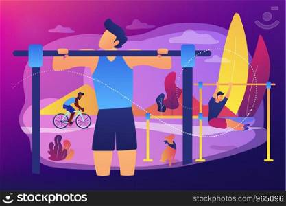 Man training in park, outside gym. Outdoor workout, best bodyweight exercises, outdoor workout equipment, break your routine trainings concept. Bright vibrant violet vector isolated illustration. Outdoor workout concept vector illustration.