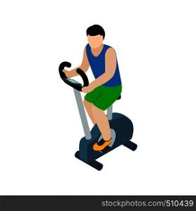 Man training on exercise bike icon in isometric 3d style isolated on white background. Man training on exercise bike icon, isometric 3d