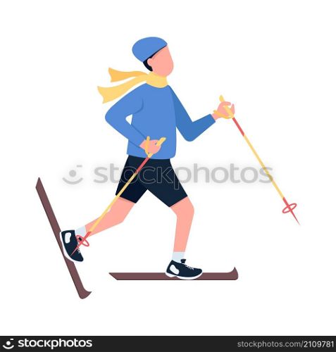 Man training on ski semi flat color vector character. Sportsman figure. Full body person on white. Winter activity isolated modern cartoon style illustration for graphic design and animation. Man training on ski semi flat color vector character