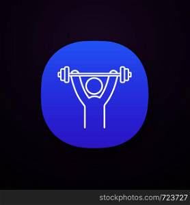 Man training with barbell app icon. Physical exercises. Healthy lifestyle. Workout, bodybuilding. Stress prevention and treatment. UI/UX interface. Mobile application. Vector isolated illustration. Man training with barbell app icon