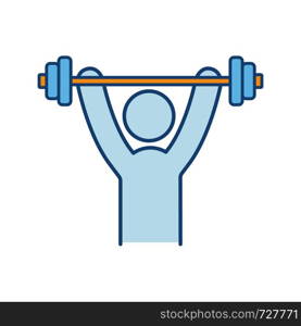 Man training with barbell color icon. Physical exercises. Healthy lifestyle. Workout, bodybuilding. Stress prevention and treatment. Isolated vector illustration. Man training with barbell color icon